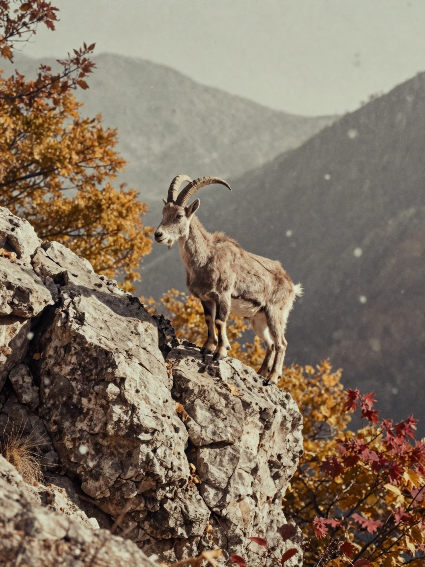 A mountain goat balancing on a narrow rocky ledge, under harsh midday sun, in crisp, dry air, as autumn leaves turn gold and red, with a soft sepia-tinted glow, through a rain-streaked window.