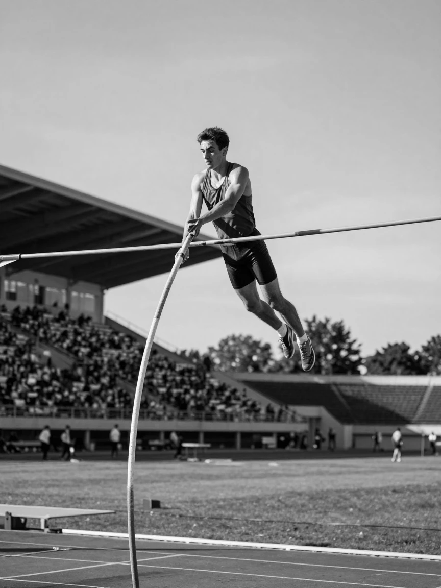 A pole vaulter soars over the bar at a track meet at an outdoor stadium.