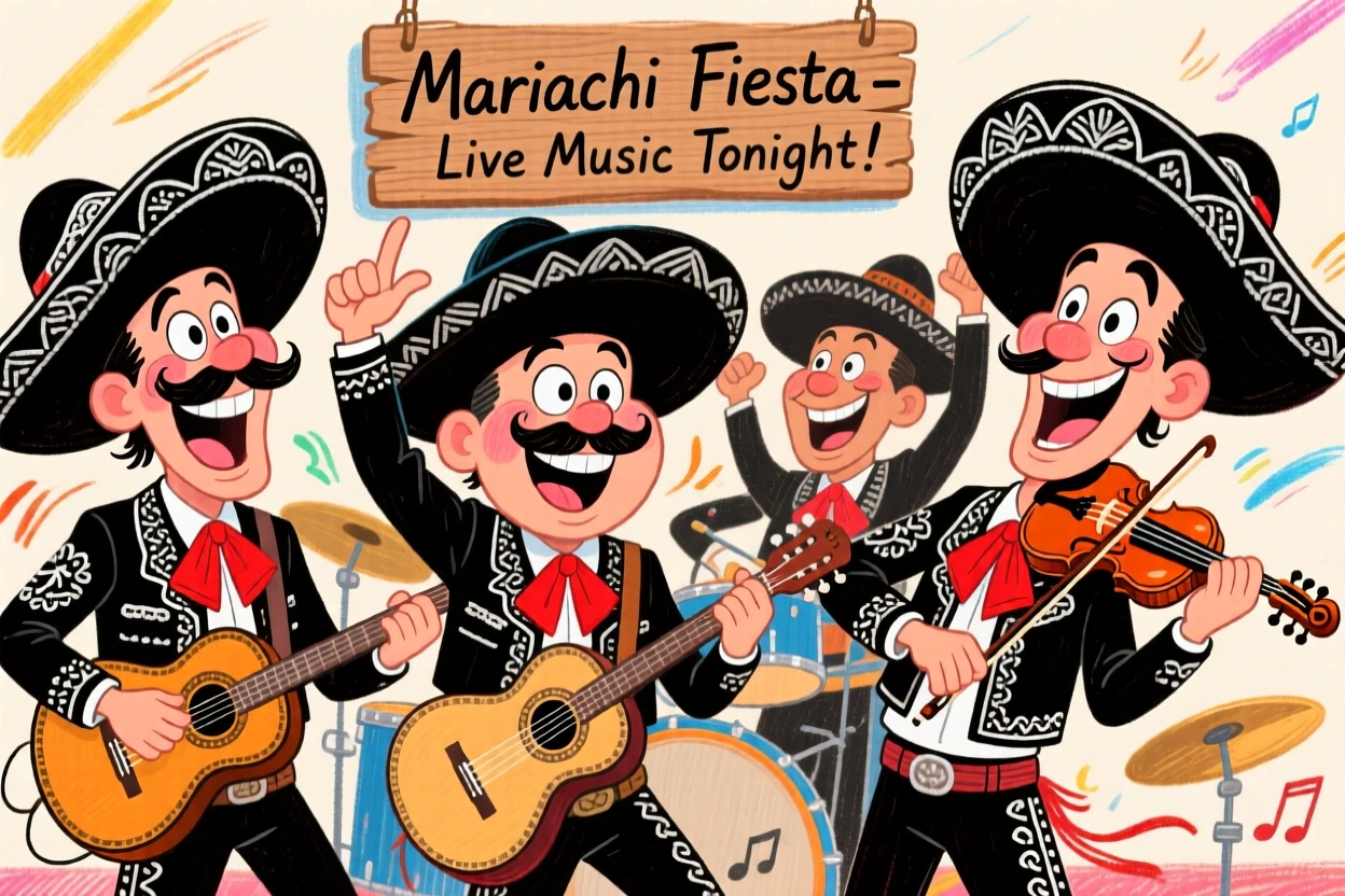 A Mexican mariachi band performing energetically in traditional charro suits.