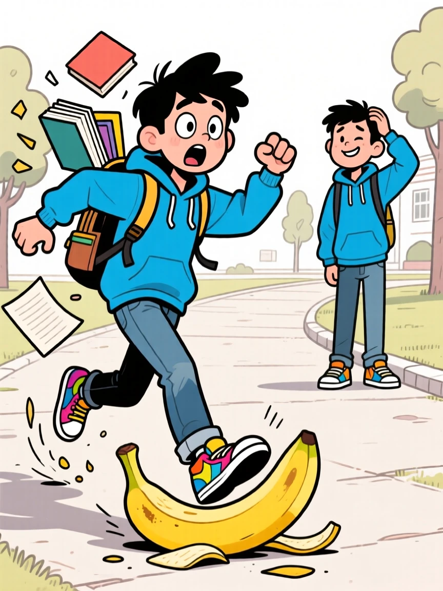 A funny expressive moment showing a college student slipping comically on a banana peel mid-stride, with a sheepish grin afterward.