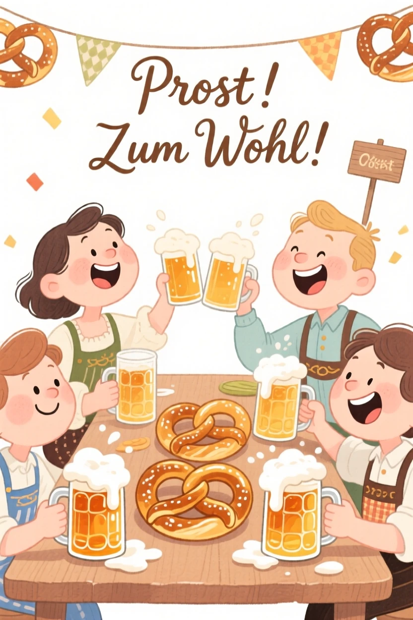A joyful celebration scene of a cozy Oktoberfest table with pretzels and steins, sparkling with celebratory energy