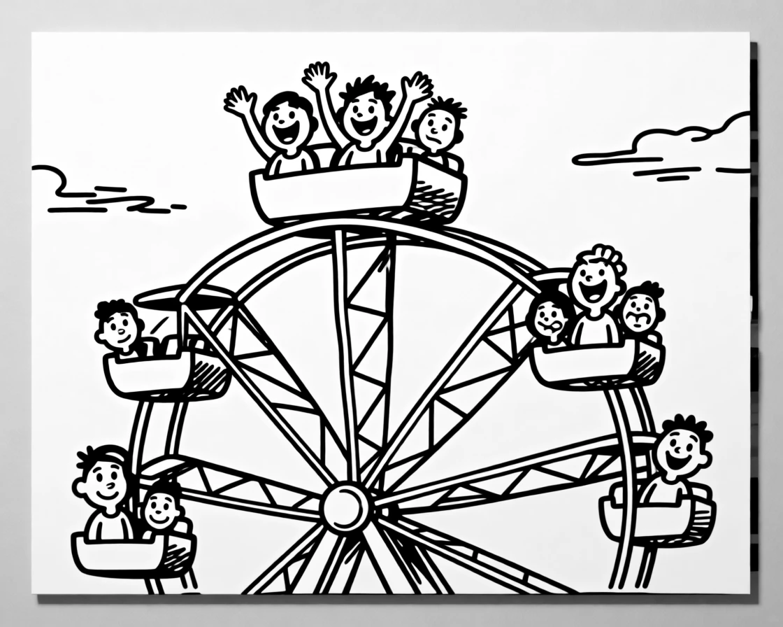 A ferris wheel lit up at dusk with happy riders waving from the top car.