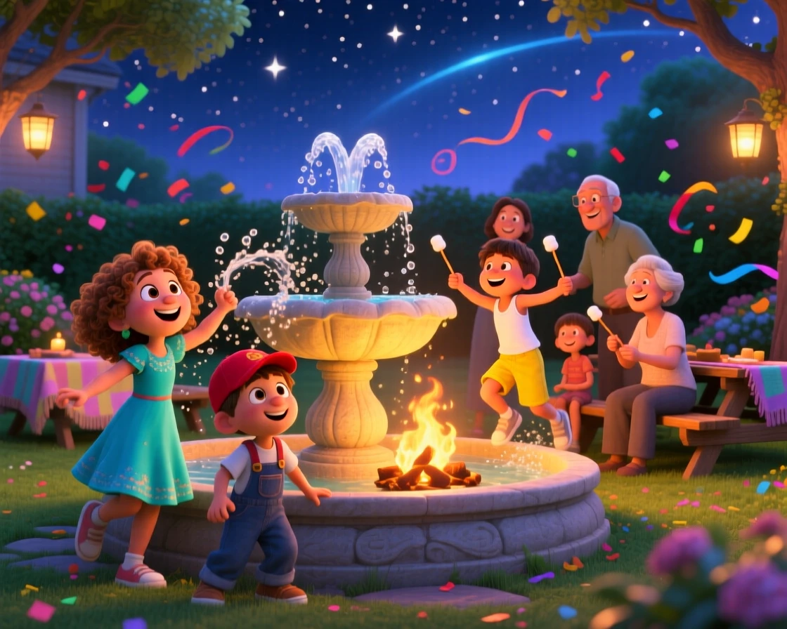 Children splashing in a fountain on a hot summer day happens around a crackling bonfire under a starry sky, with confetti and streamers filling the air. The atmosphere glows with tradition and family warmth.