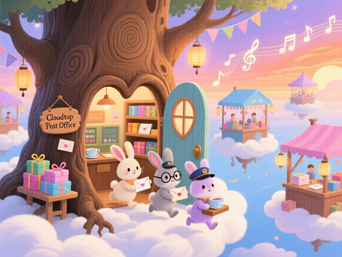 A family of teacup rabbits delights in running a post office out of a hollow tree, tucked within a floating market above the clouds, as a soft melody seems to hum through the air.