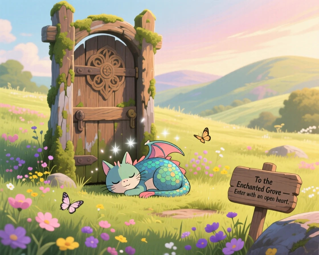 A portal shaped like an old wooden gate standing alone in a meadow, where a small dragon curled up like a cat can be seen nearby, the atmosphere dreamlike and inviting.