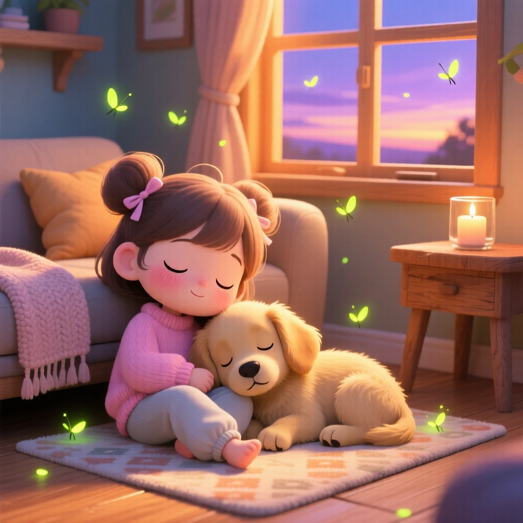 A small girl and her puppy napping together in a sunbeam in a cozy living room as fireflies begin to glow at dusk; gentle candlelight washes over the scene as brave confidence fills the moment. Three-quarter view.