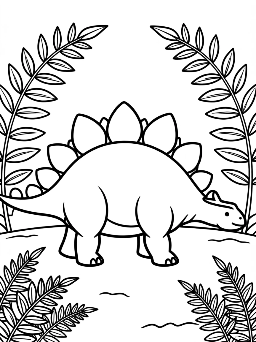 A Stegosaurus with colorful plates walking through a fern forest