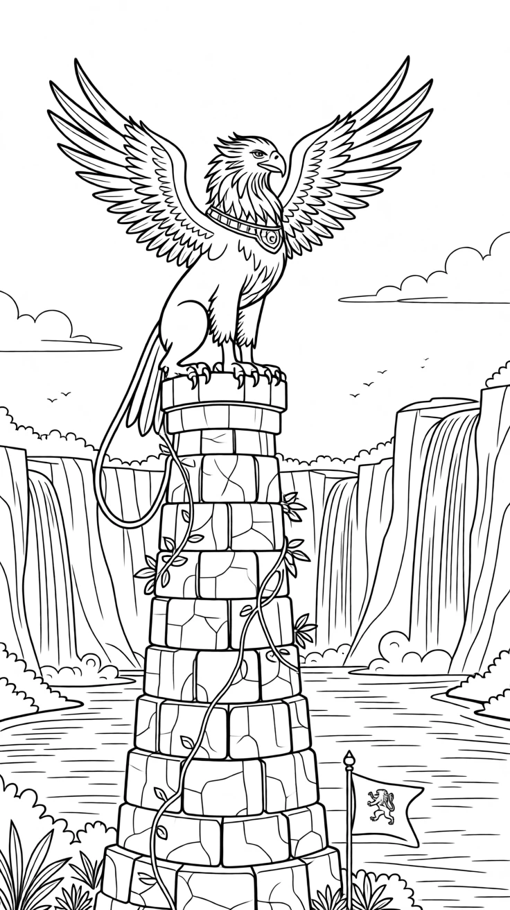 A griffin perched atop a stone tower, with waterfalls cascading down distant cliffs.
