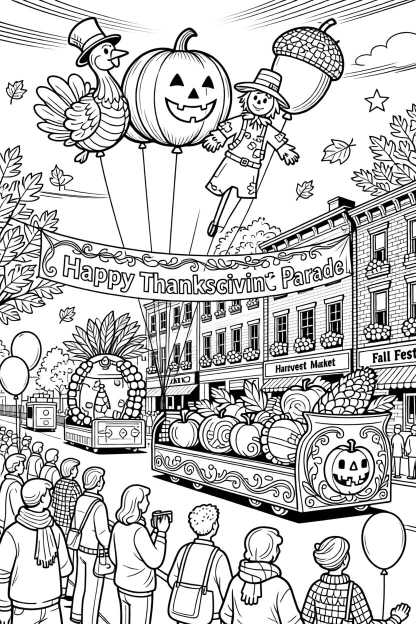A Thanksgiving parade scene with giant balloons floating above the crowd.