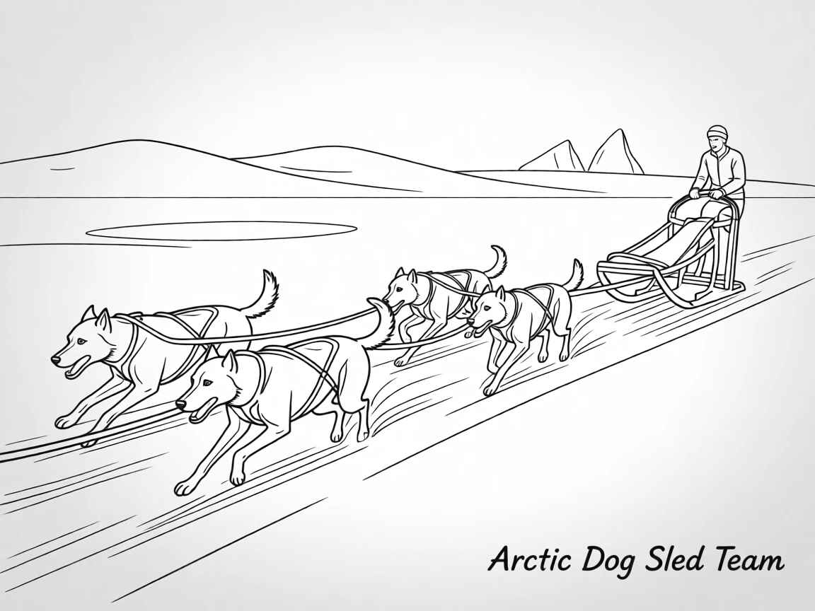 A dog sled team racing across a snowy arctic landscape