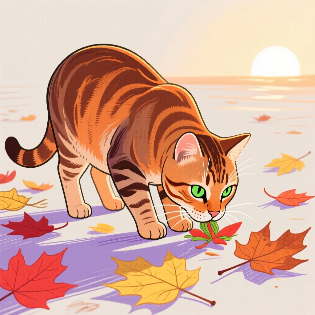 A tabby cat grazing among autumn leaves at sunrise.