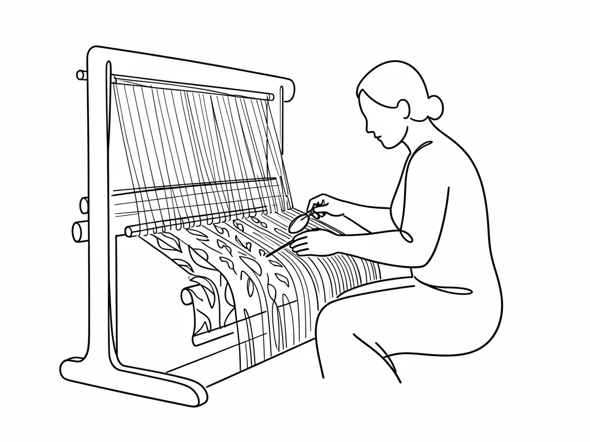 A tapestry weaver working intricate patterns into a large loom