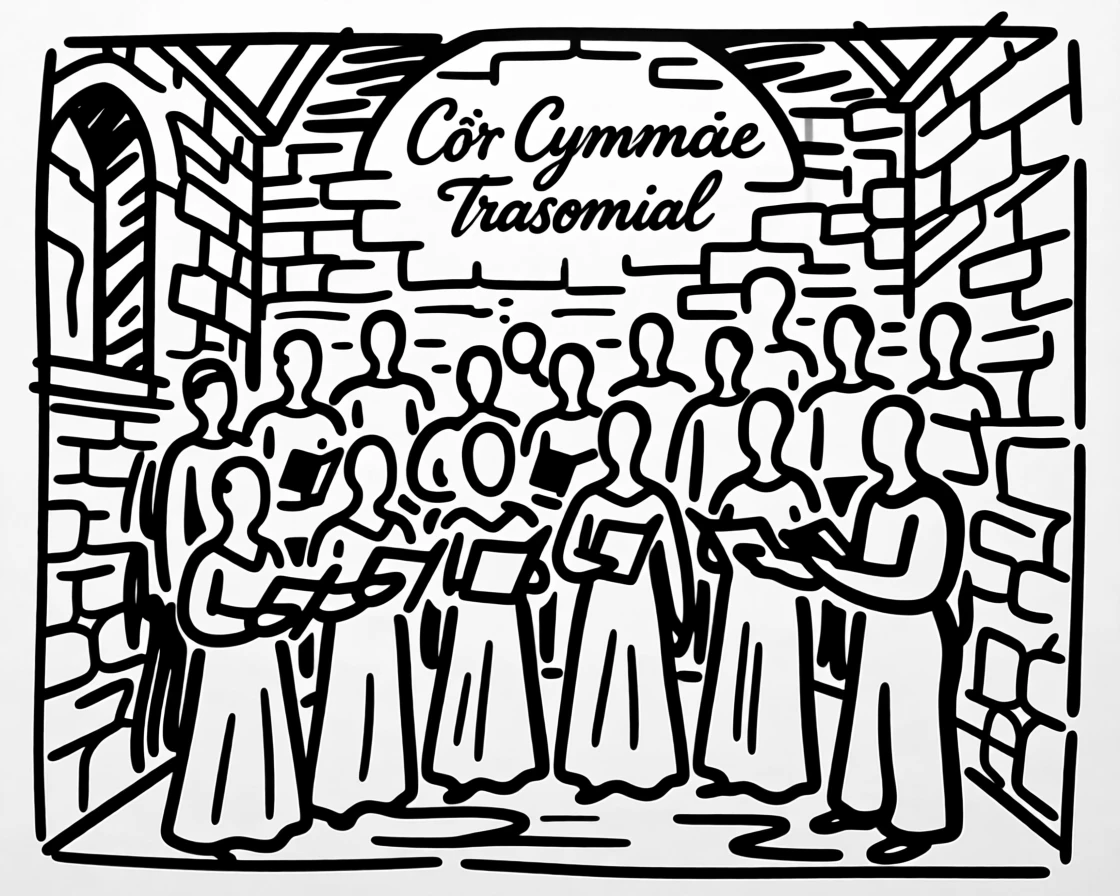 A traditional Welsh choir performing in a stone village chapel.