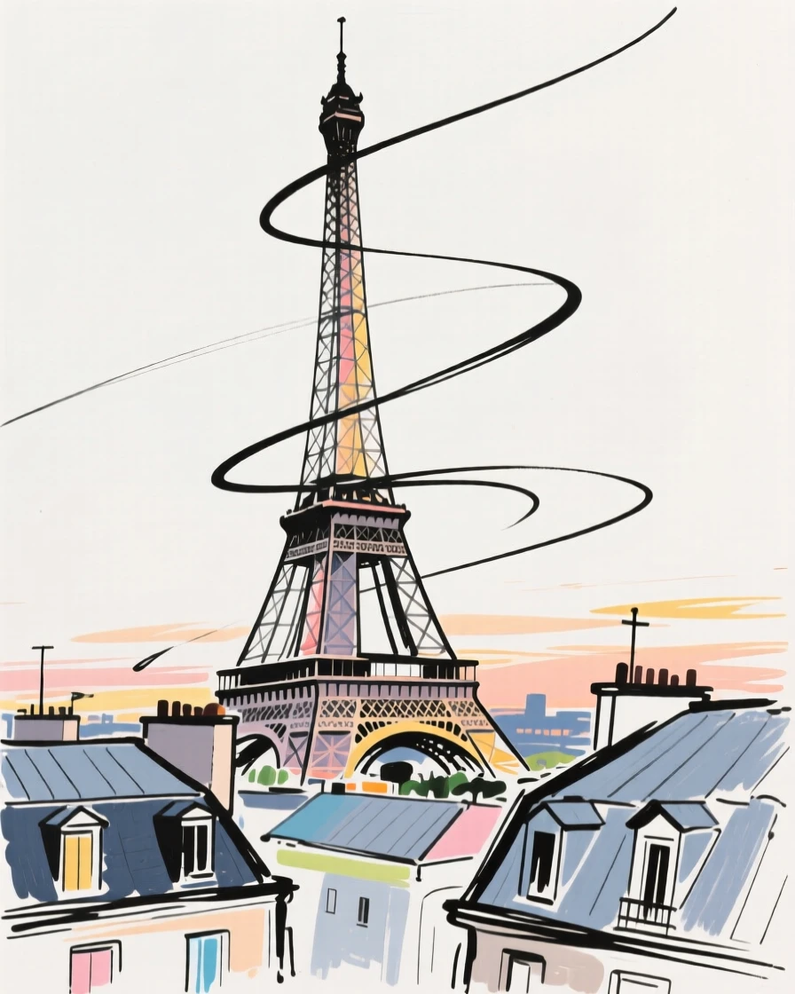 The Eiffel Tower rising above the rooftops of Paris at dusk.