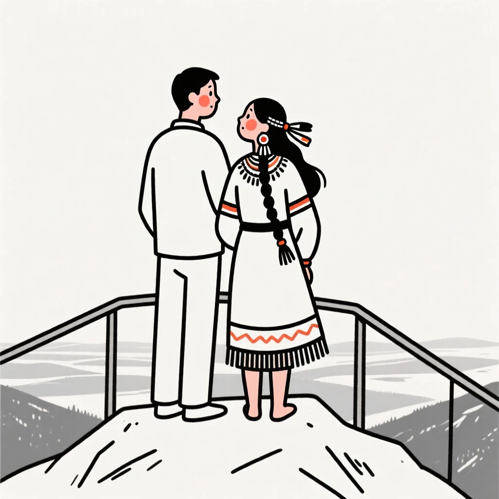 A newly engaged couple of Native American heritage, full of curious wonder, on a mountaintop overlook.