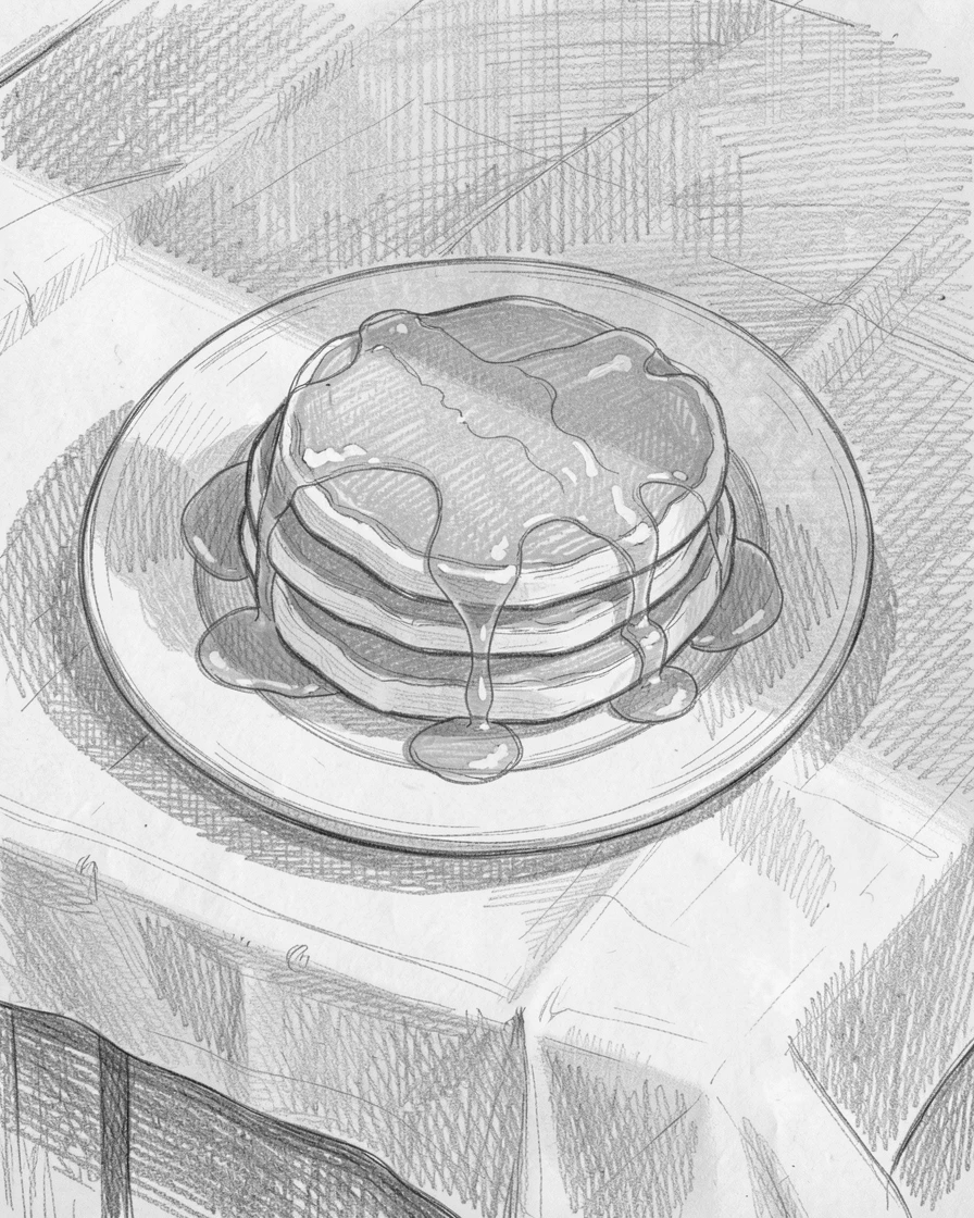 An appetizing still life of a stack of golden pancakes drizzled with syrup atop a linen tablecloth, with morning light streaming across the scene.