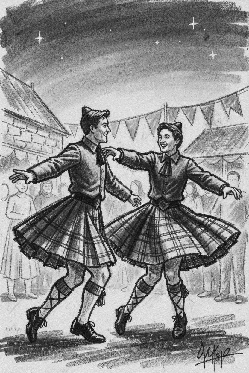 Highland dancers performing at a Scottish festival, as the first stars appear overhead.