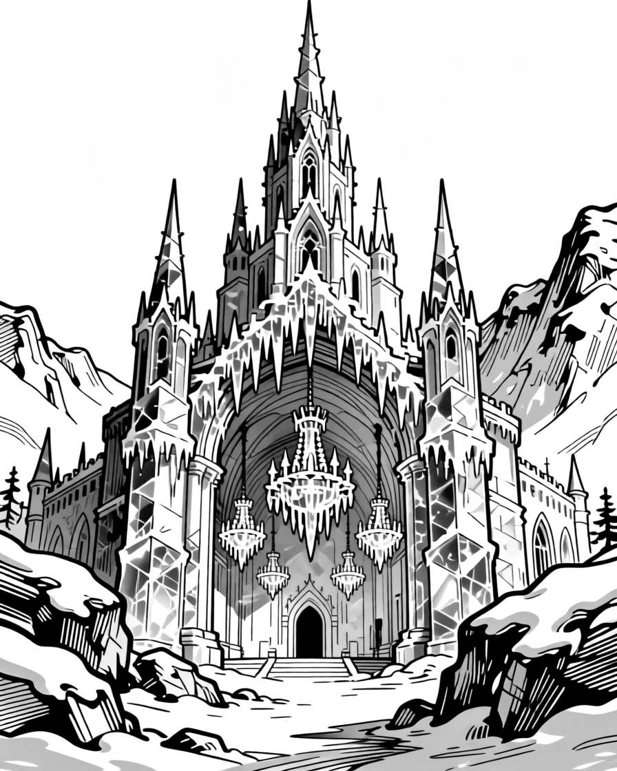 A hidden ice palace with chandeliers made of frozen icicles.