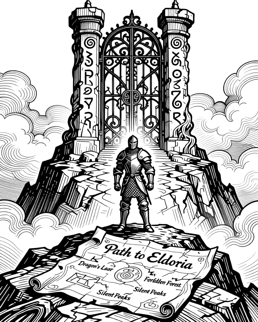 A knight standing before an enchanted gate atop a mountain wrapped in clouds, with an old map unfurled nearby, forming a majestic and mythical fantasy scene.