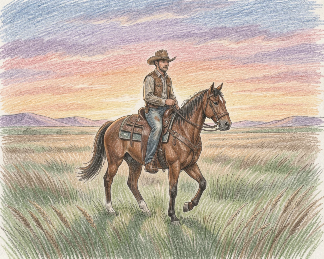 A cowboy riding across an open ranch at sunset, captured in a quiet, intimate moment full of atmosphere, perfect for anyone drawn to gentle, heartfelt imagery.