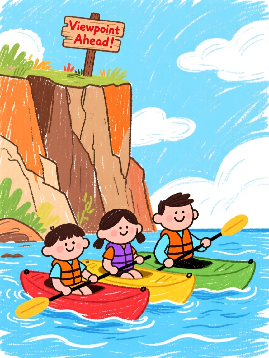 A group of friends kayaking climbing toward a dramatic cliffside viewpoint.