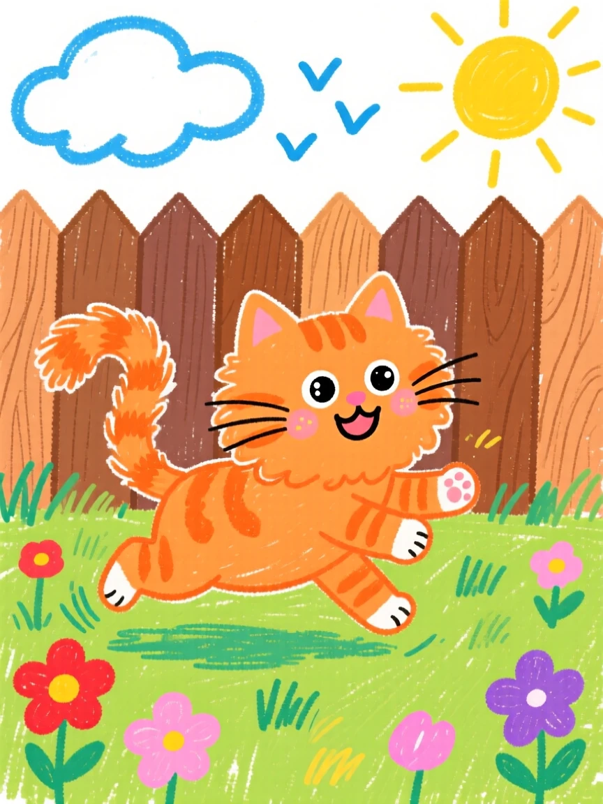 A fluffy orange kitten chasing its tail in a sunny backyard.