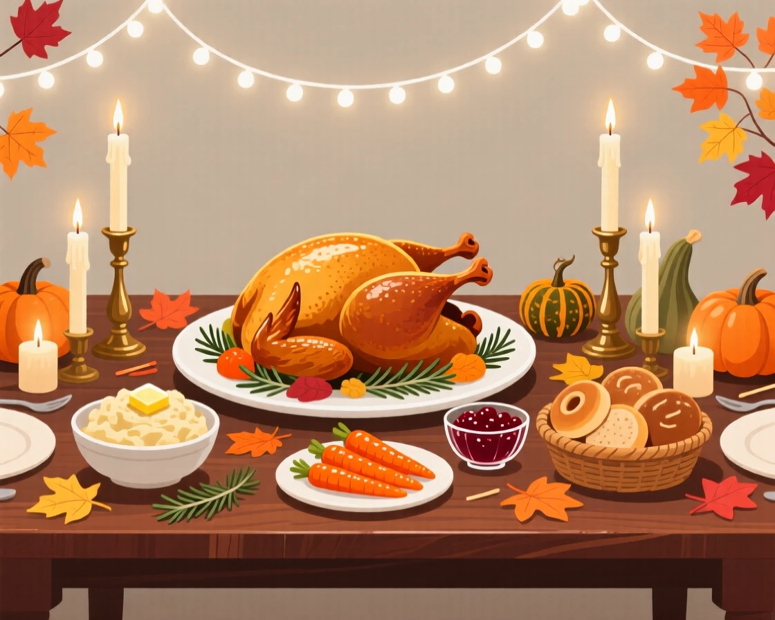 A Thanksgiving table laden with a golden roasted turkey, surrounded by joyful decorations and warm candlelight, framed with decorations arranged symmetrically for balance, with warm twinkling lights adding a magical sparkle.