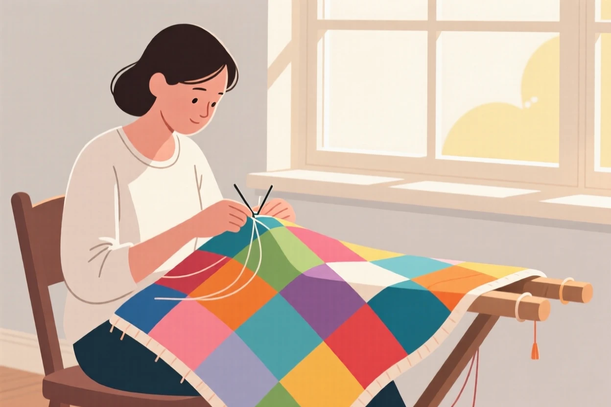A person quilting a colorful patchwork blanket by a sunny window.