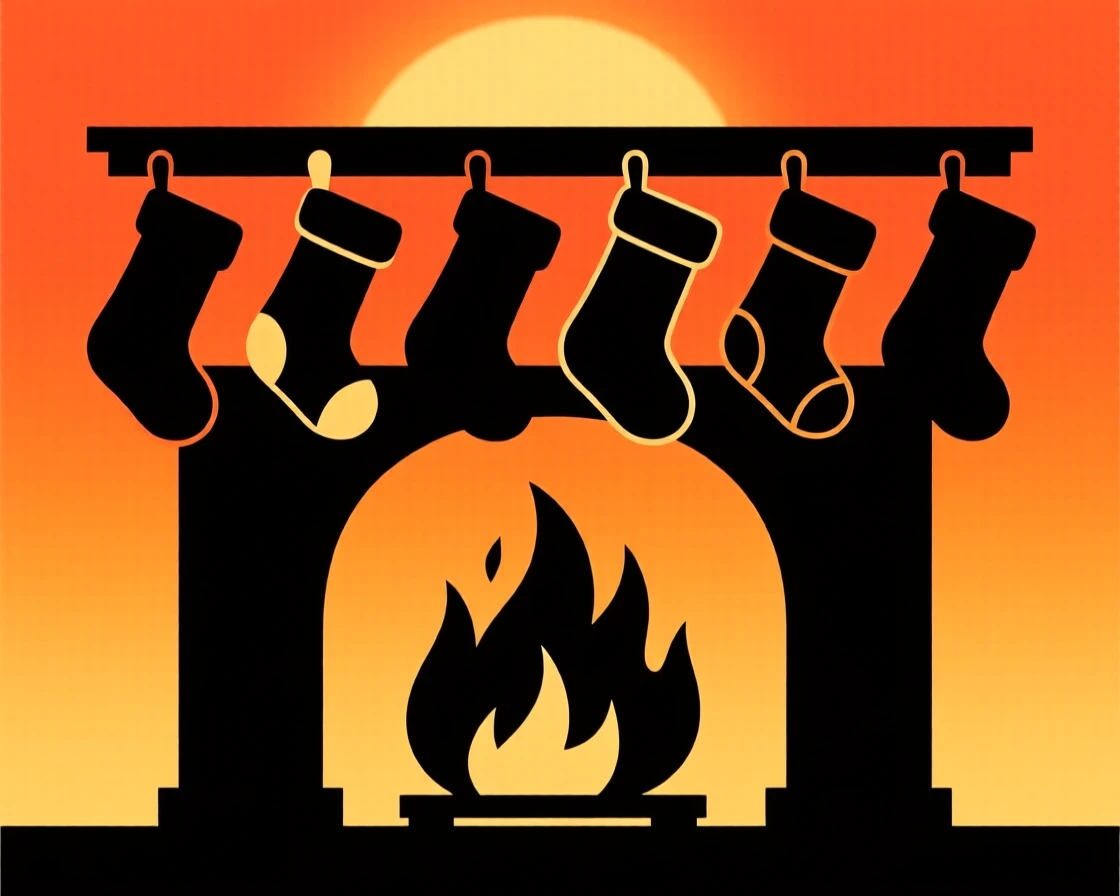 A row of stockings hanging from a mantel above a crackling fire.