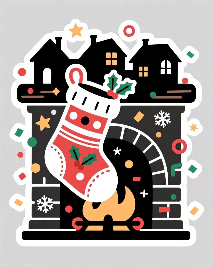 A delightfully whimsical stocking hung by a cozy fireplace, surrounded by falling confetti, as the whole neighborhood celebrates together.