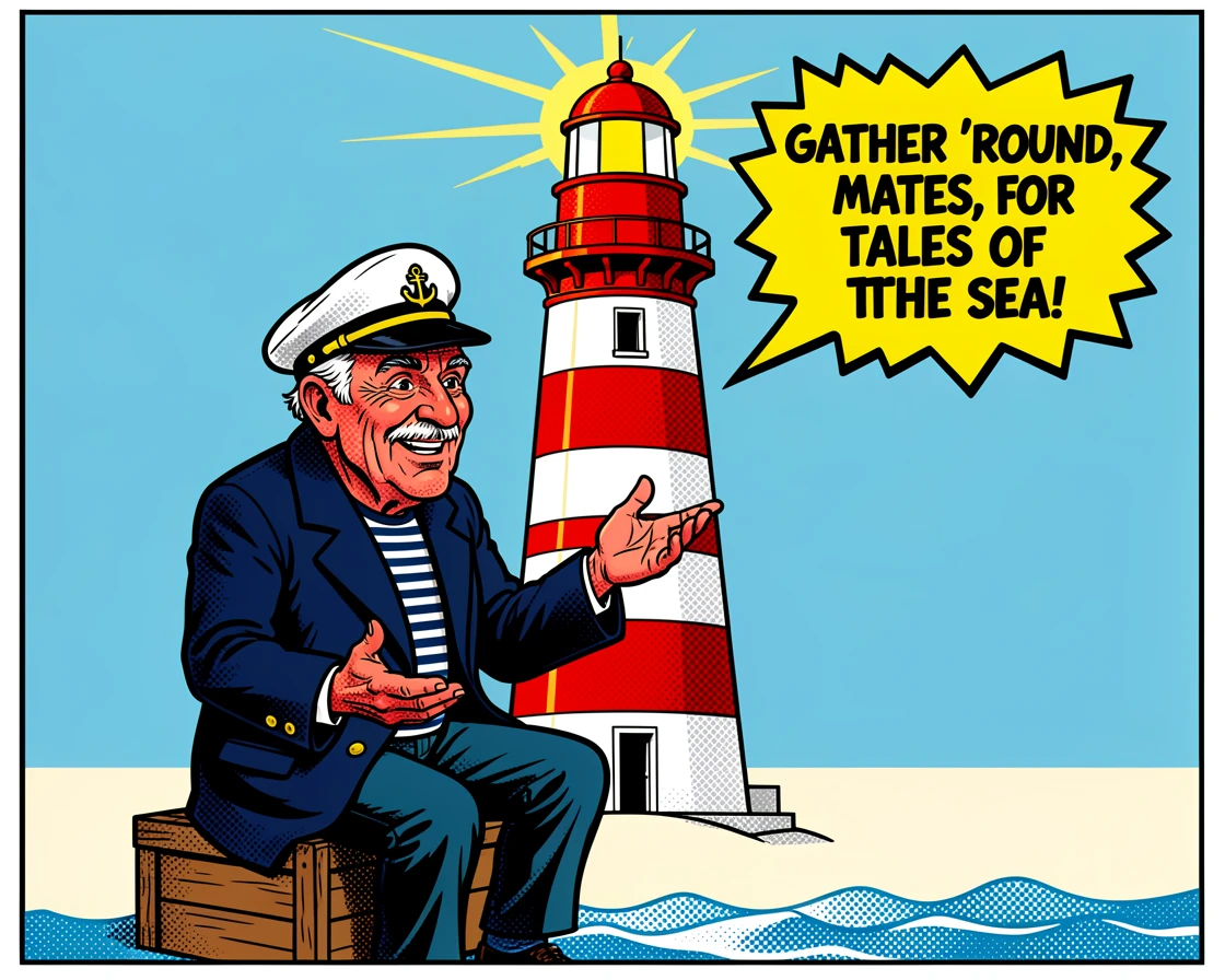 A wise old sailor telling stories beside a lighthouse