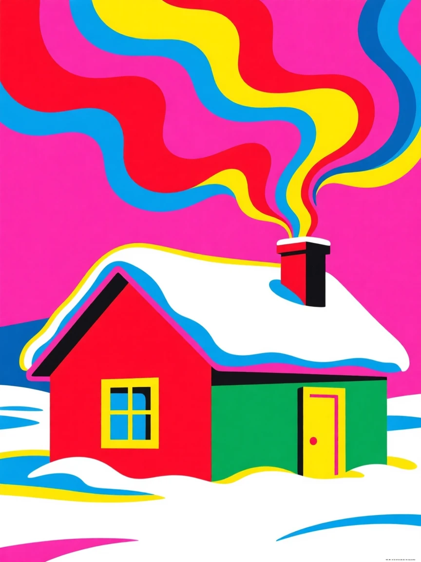 Winter cabin with smoke curling from the chimney