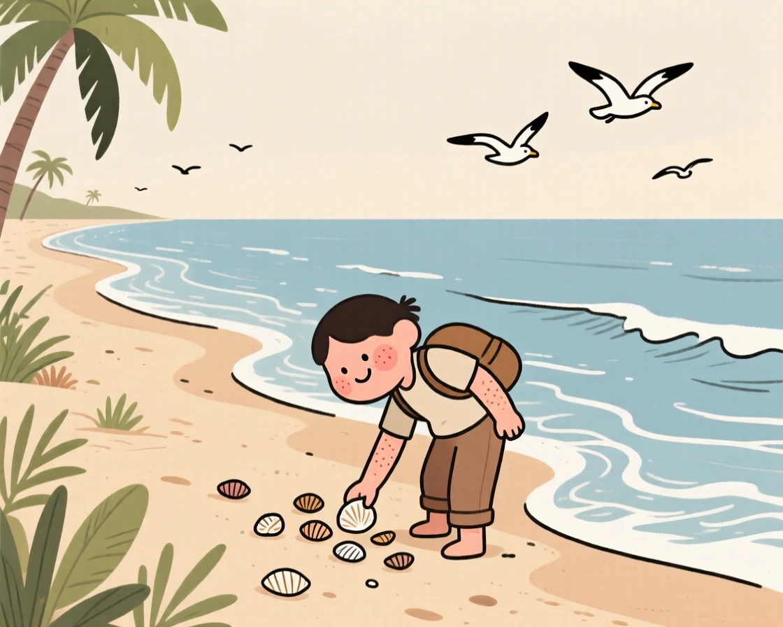 Waves roll gently onto a wide tropical beach where a lone traveler walk along the shoreline, collecting seashells as seagulls glide overhead.