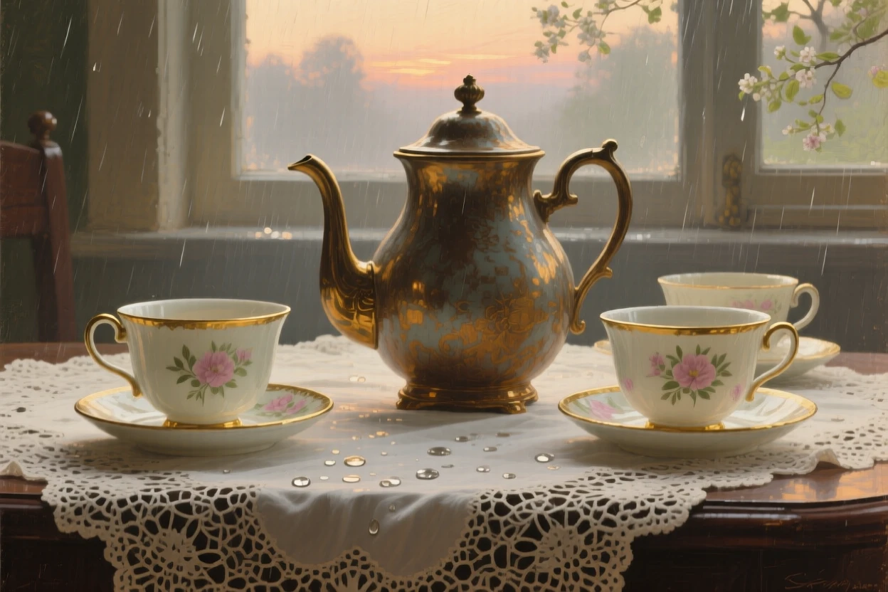 A tightly framed close-up of a teapot and porcelain cups arranged on a lace tablecloth, during a gentle spring shower, at dusk.