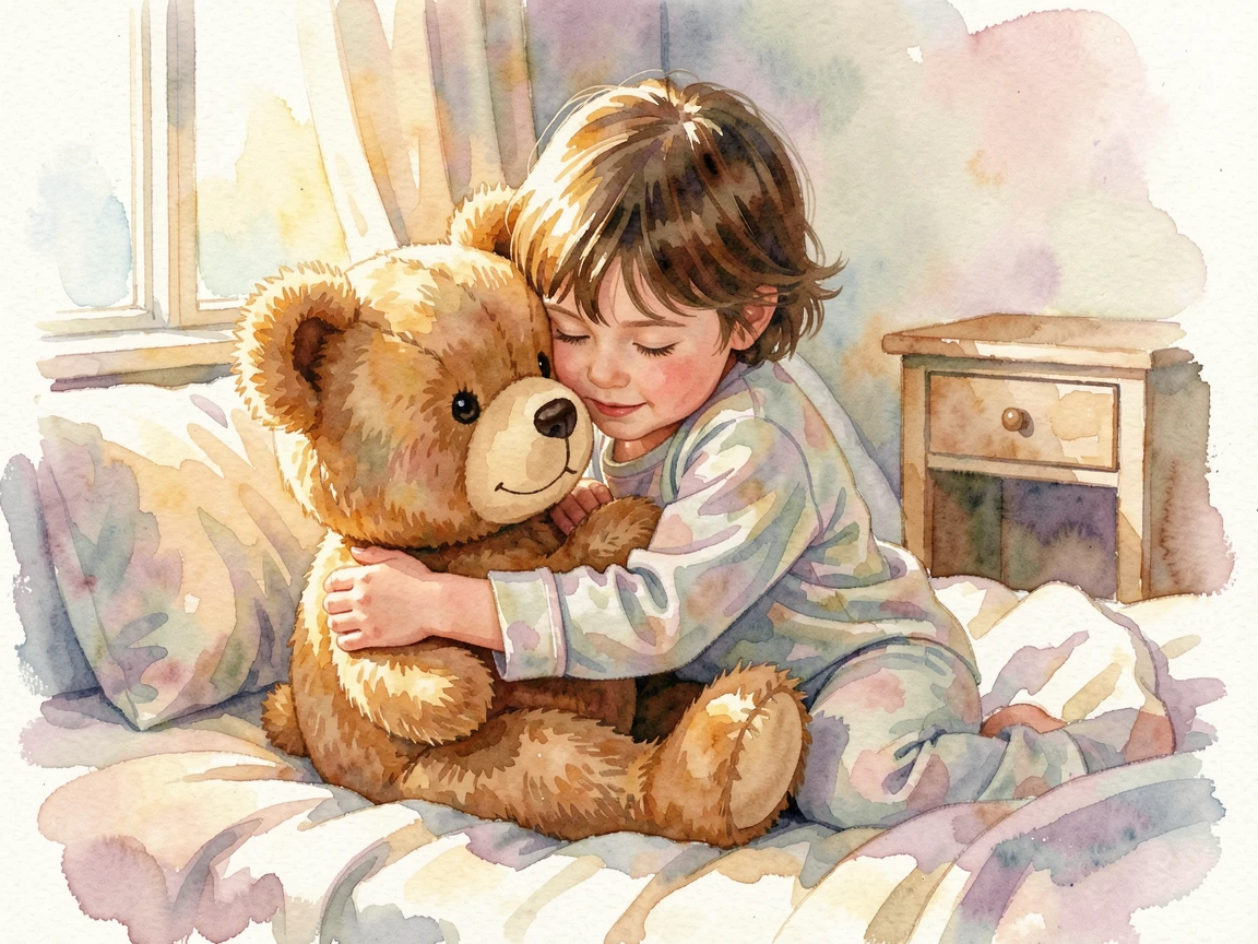 A child hugging a large stuffed teddy bear at bedtime as golden afternoon light glows around them.