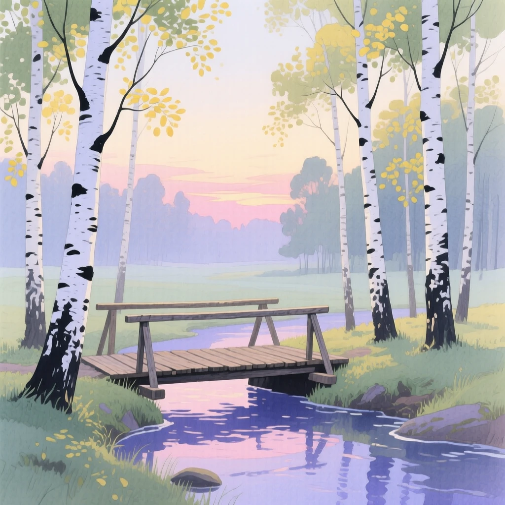 A breathtaking view of a birch forest clearing in the soft glow of dusk, with a small wooden bridge crossing a stream