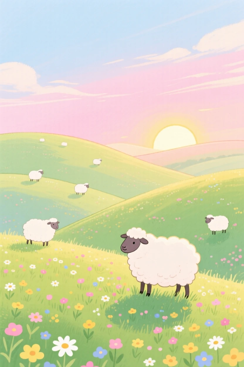 Rolling hills dotted with grazing sheep bathed in warm light at first light in spring.