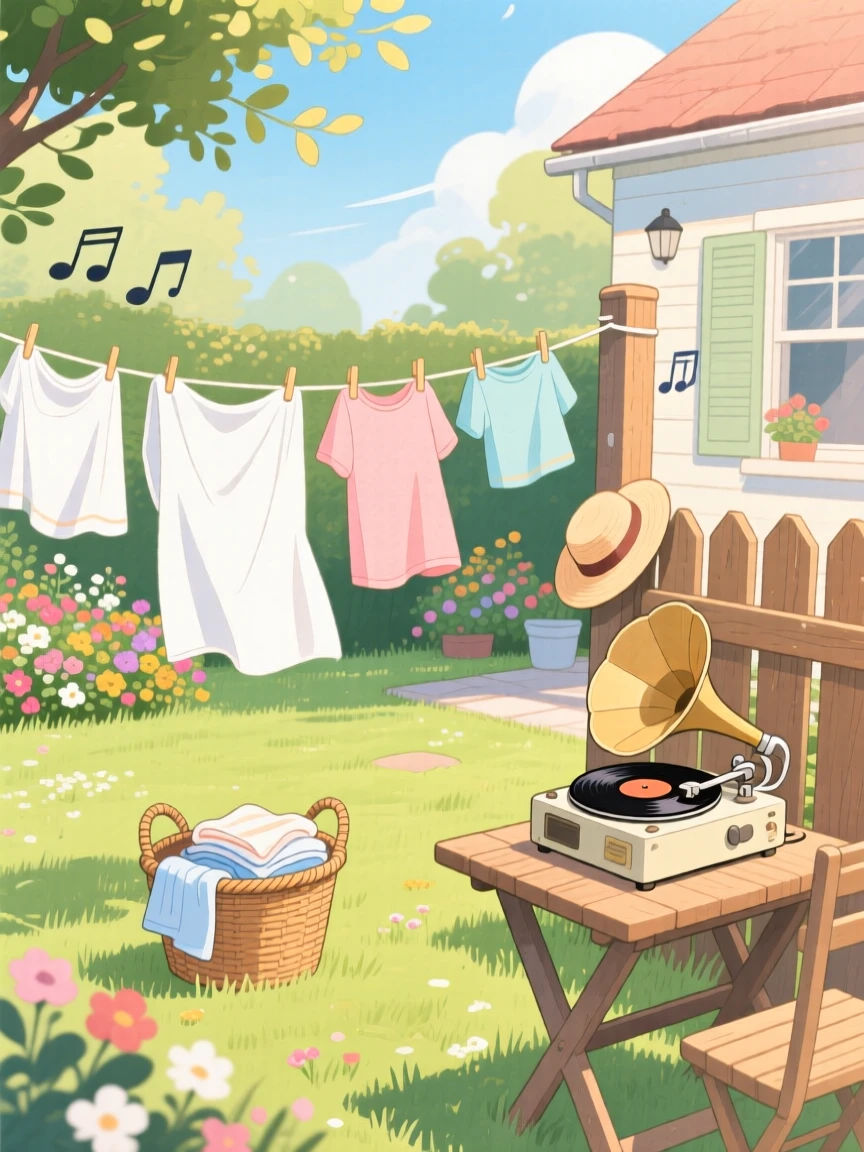 A sunlit laundry room with fresh linens drying on a line strung across the yard, with the quiet hum of a record player in the background, evoking a gentle, unhurried happiness.