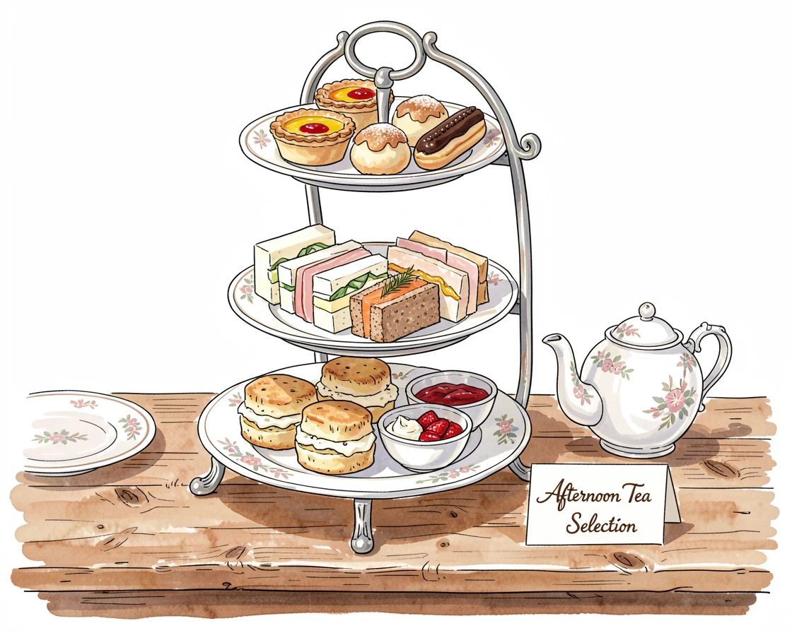A tiered afternoon tea stand with delicate pastries and finger sandwiches, rustic tableware adding warmth and character to the setting.