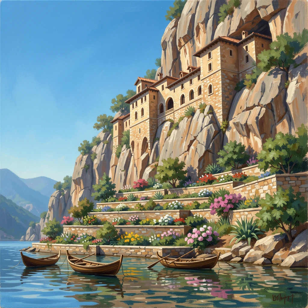 A cliffside monastery built into a sheer rock face, boats gliding slowly along the water, beside terraced gardens that step down toward the water, under a vivid blue midday sky.
