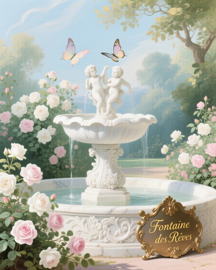A garden fountain surrounded by white roses and fluttering butterflies  