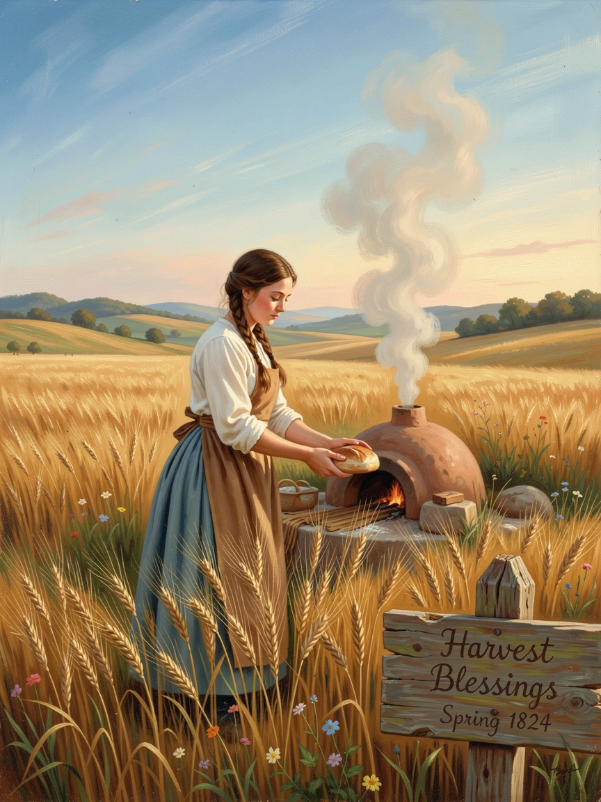 A milkmaid bakes bread in a golden wheat field at harvest time on a crisp morning in early spring.