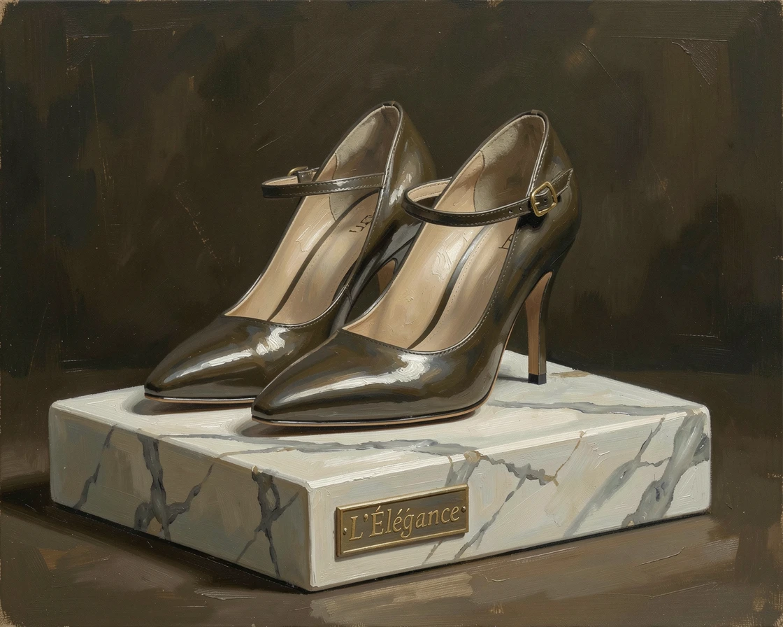 A pair of designer high heels displayed elegantly on a marble pedestal, captured with meticulous attention to material and craftsmanship, designed as a sophisticated piece for upscale interior decor
