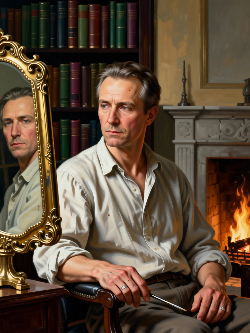 A painter studying his own reflection in a gilded mirror lost entirely in private thought, set within a book-lined study warmed by a crackling fire, with worn hands and a face lined by years of quiet labor; the hands are given equal storytelling weight alongside the face, evoking tenderness, memory, and unspoken emotion.