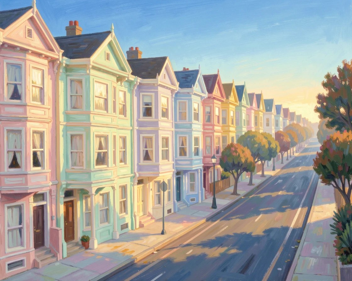 A row of pastel Victorian houses climbing a steep San Francisco street beneath a clear blue sky, at golden sunrise, radiating joy and gentle celebration.