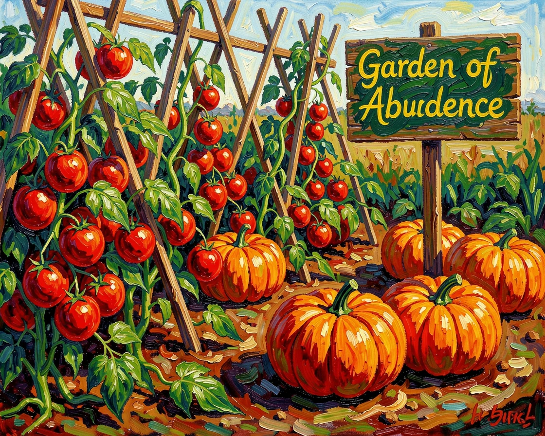 A vegetable garden bursting with ripe tomatoes, pumpkins, and climbing bean vines.