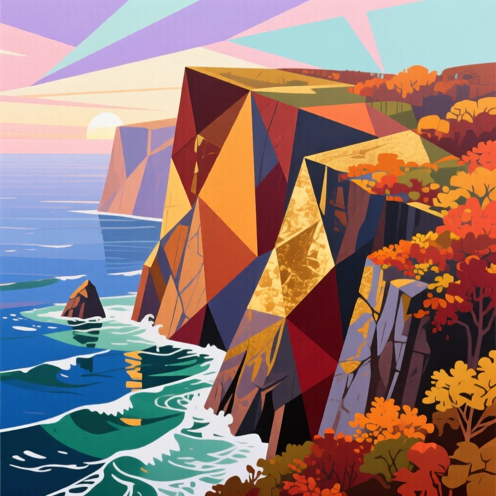 A medium shot of a dramatic sea cliff at first light, during vibrant autumn.