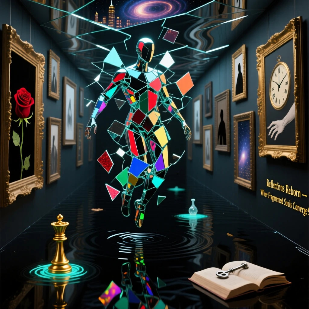 A figure made of shattered mirror fragments reassembling itself drifts through a corridor lined with empty picture frames, as the ground beneath them slowly turns to still water.