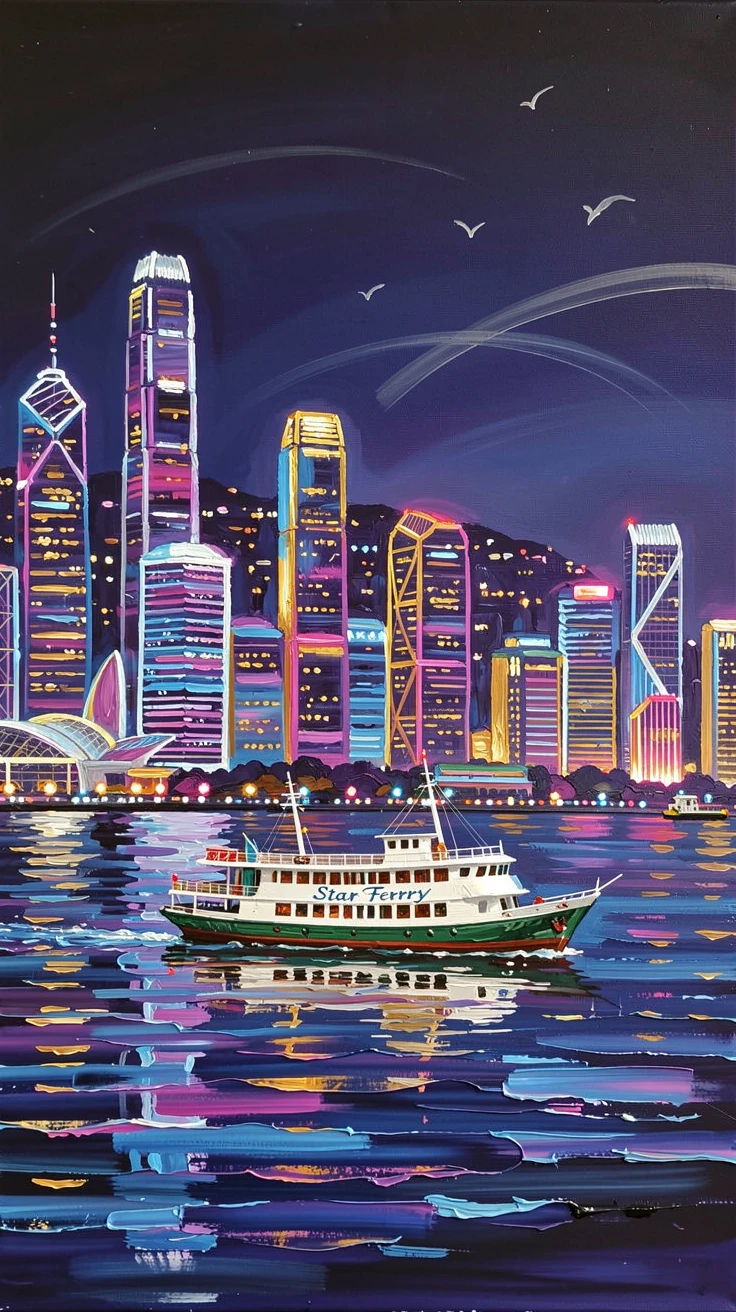 A dazzling nighttime skyline of Hong Kong reflects in the harbor, skyscrapers illuminated in shifting colors as a Star Ferry crosses the water below, with the crisp, still air carrying only the faintest sounds of distant birdsong.