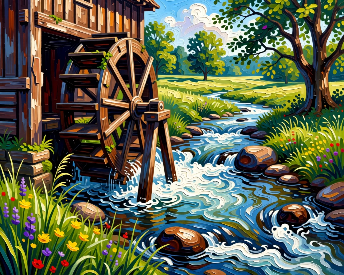 A wooden watermill turning slowly beside a rushing countryside stream